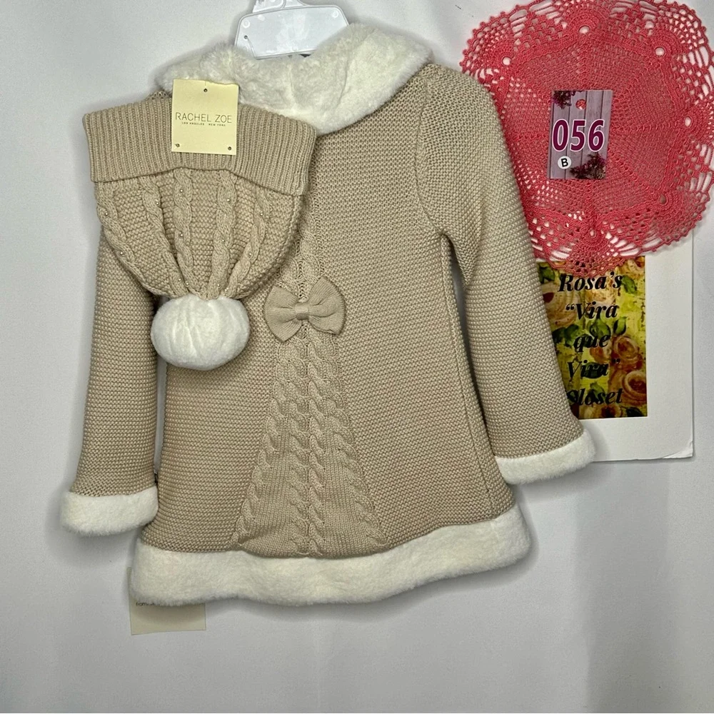 NWT Rachel Zoe Girls Button Down Sweater Coat with Embroidery/Bows and Hat - Picture 3 of 10
